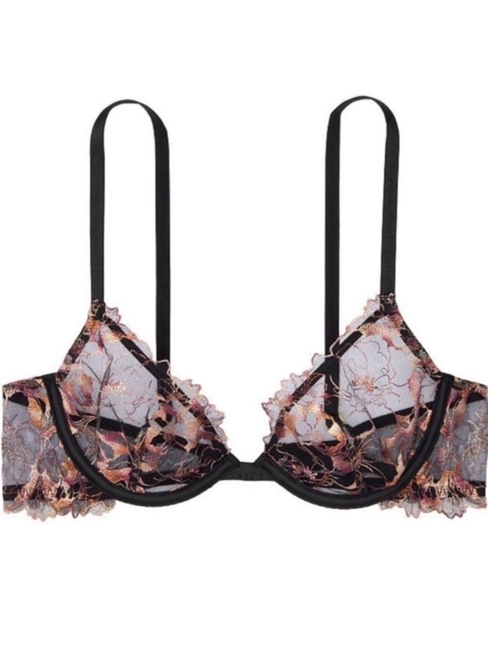 VICTORIAS SECRET Black Unlined Embroidered Shimmer Lace Demi Bra